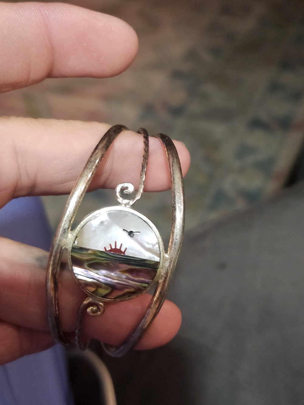 Abalone Sunrise Cuff Bracelet - Silver Alpaca Mexico Vtg 1970s